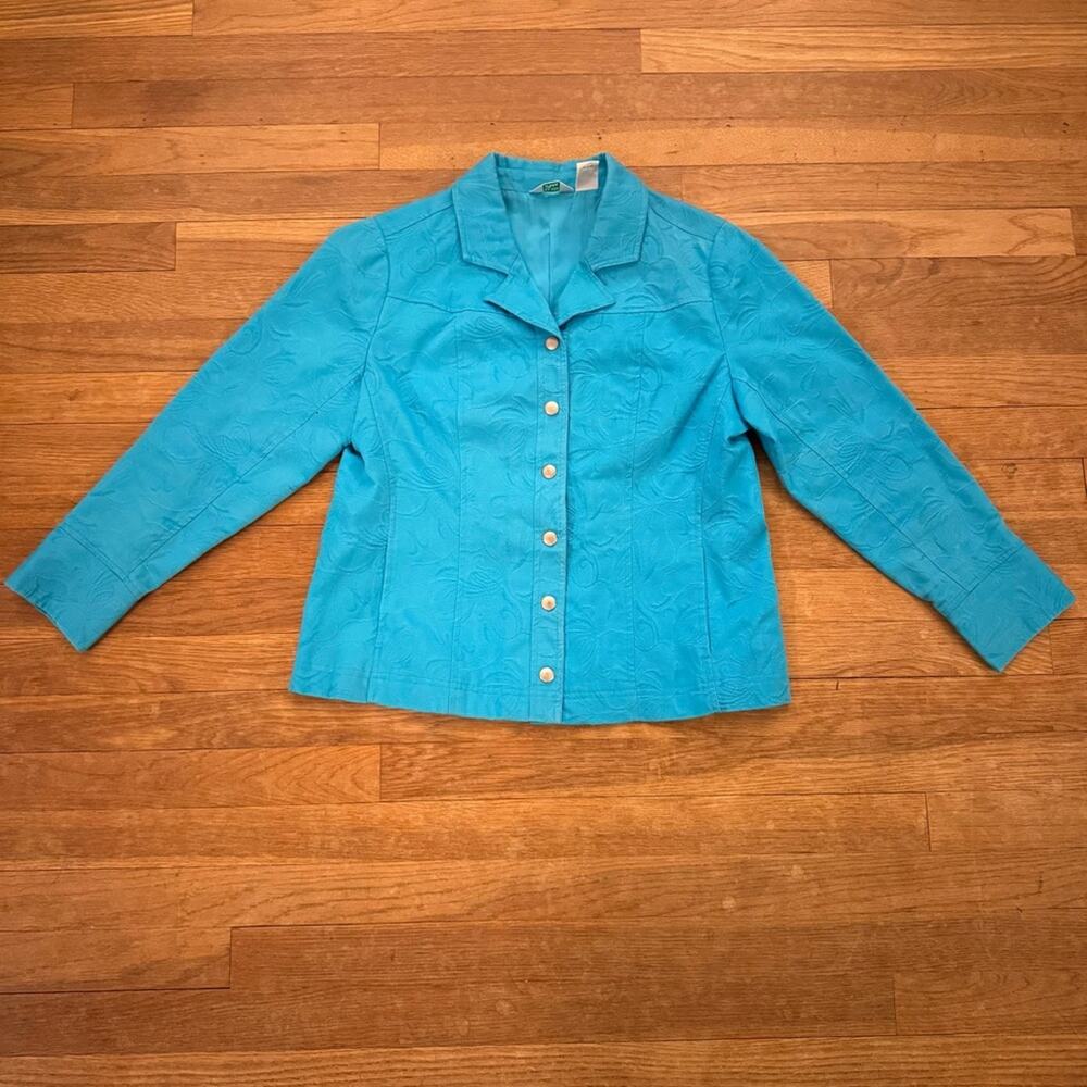 Laura Ashley aqua blue snap front casual floral ribbed jacket size PM
 b41